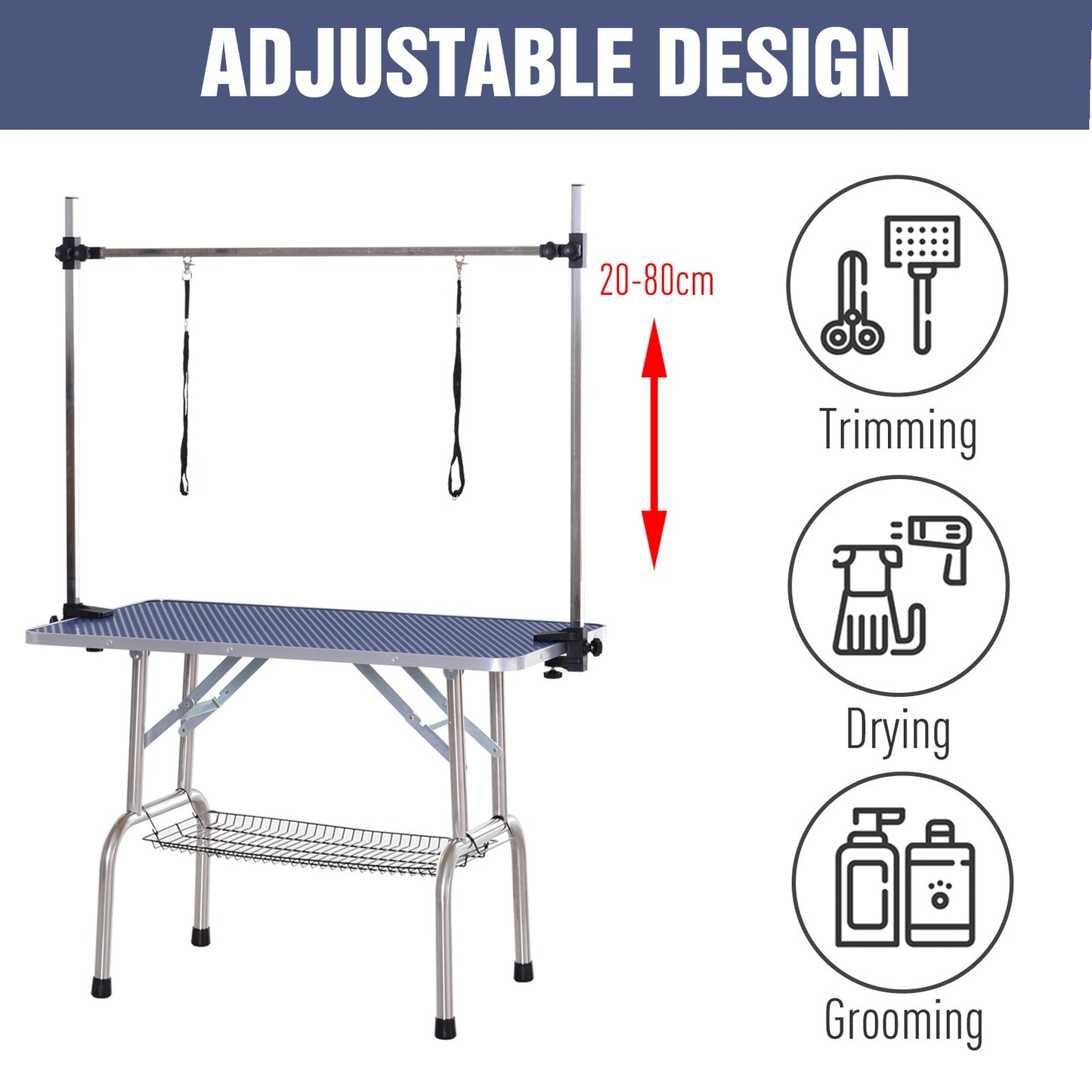 Pawhut Adjustable Dog Grooming Table Rubber Top 2 Safety Slings Mesh Storage Basket Heavy Metal Blue 107 X 60 X 170cm
