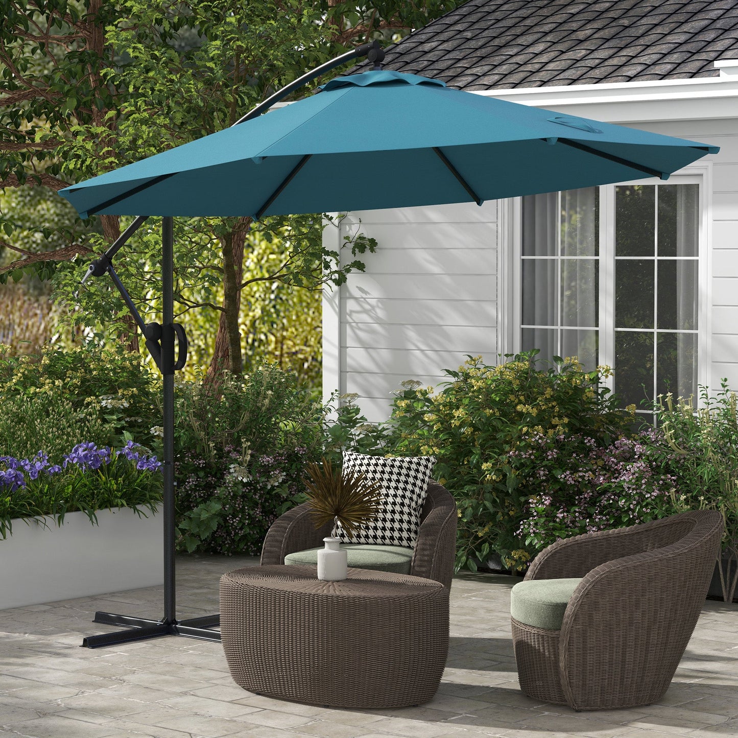 Outsunny 3(m) Cantilever Parasol with Cross Base, Crank Handle, Tilt, Blue