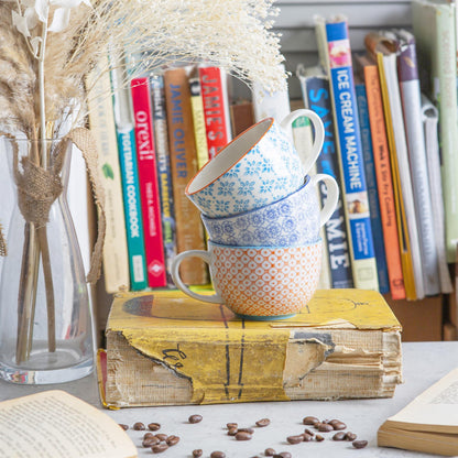 250ml Floral Hand-Printed Stoneware Cappuccino Cups - Pack of Six