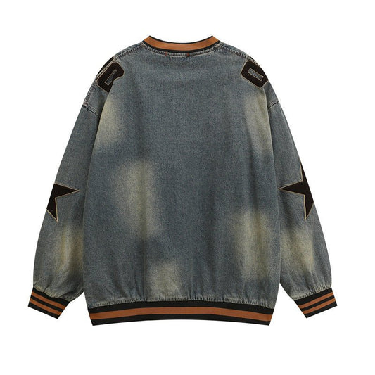 Denim V-Neck Star Letter Sweater