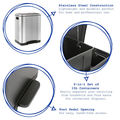 30L (2 x 15L) Stainless Steel Double Kitchen Pedal Bin