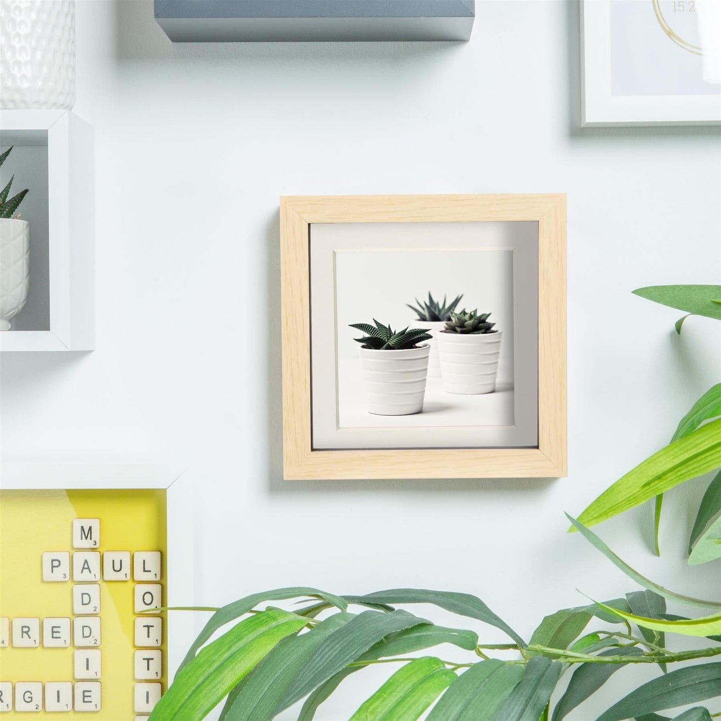 6" x 6" Light Wood 3D Deep Box Photo Frame - with 4" x 4" Mount