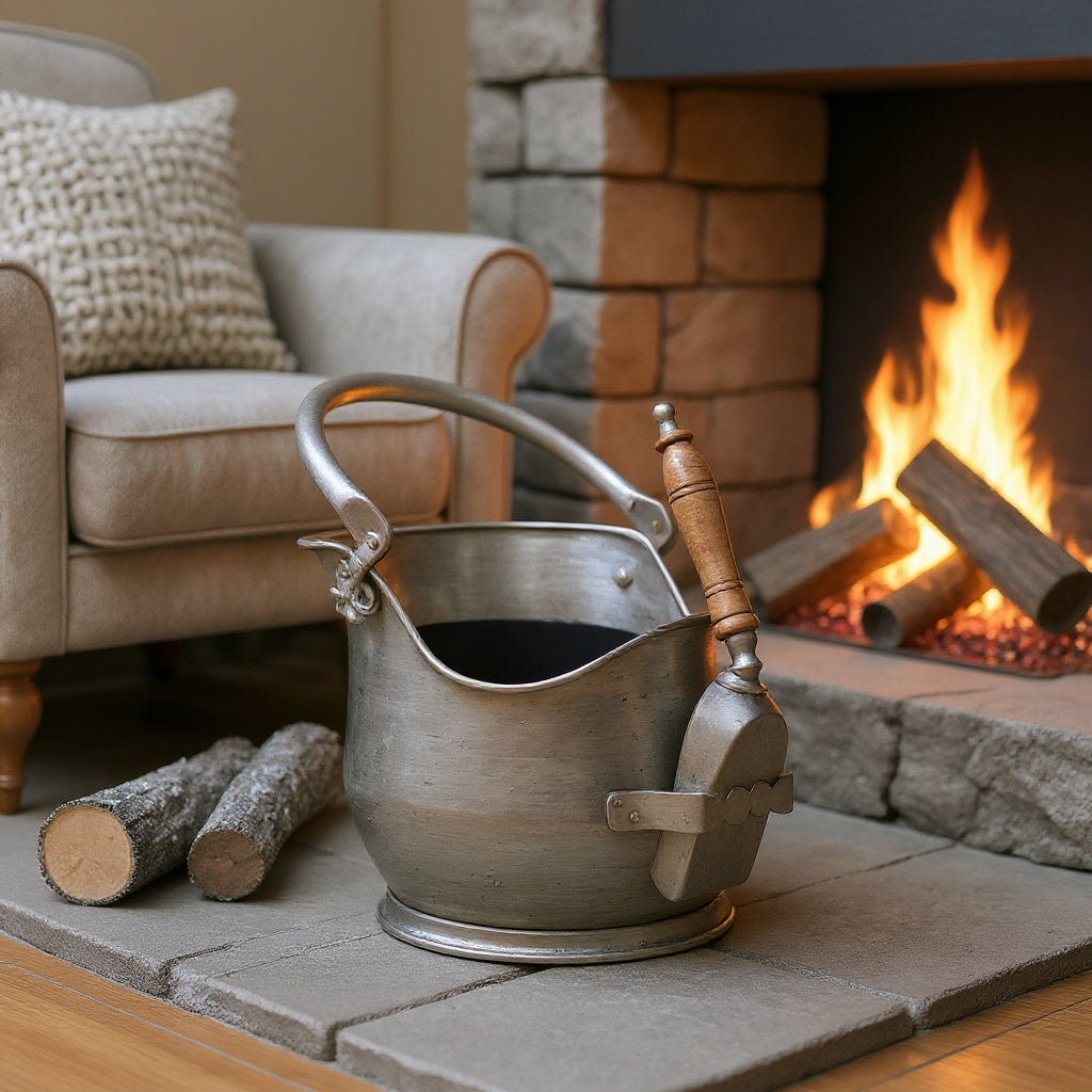 ANTIQUE PEWTER COAL BUCKET WITH SHOVAL
