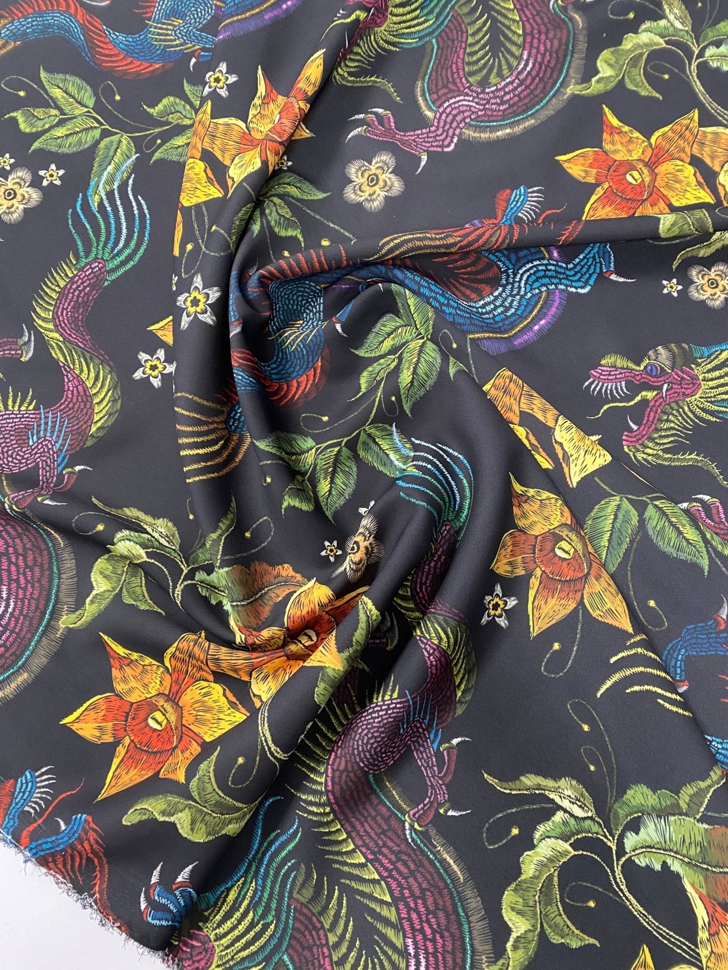 Dragon & Floral Print Crepe Fabric by the Metre – Bold Design