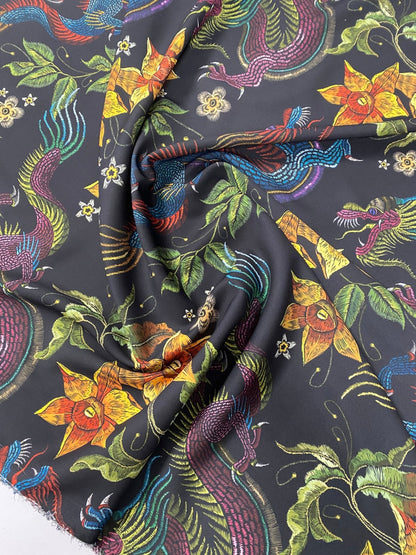 Dragon & Floral Print Crepe Fabric by the Metre – Bold Design
