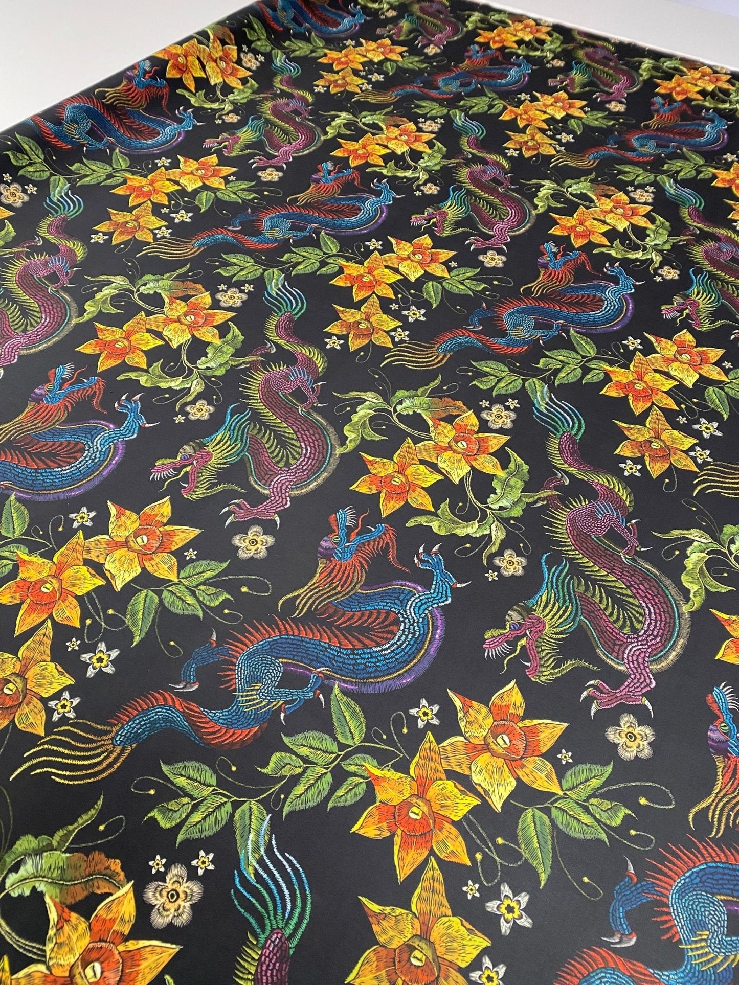 Dragon & Floral Print Crepe Fabric by the Metre – Bold Design
