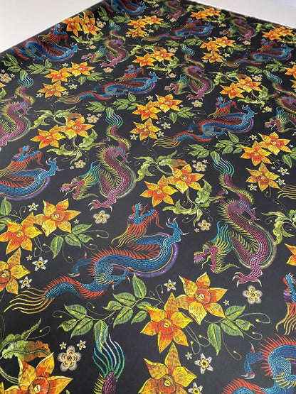 Dragon & Floral Print Crepe Fabric by the Metre – Bold Design