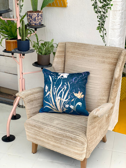 Navy Floral watercolour art Cushion 'Midnight' double sided design, made from Vegan friendly Suede