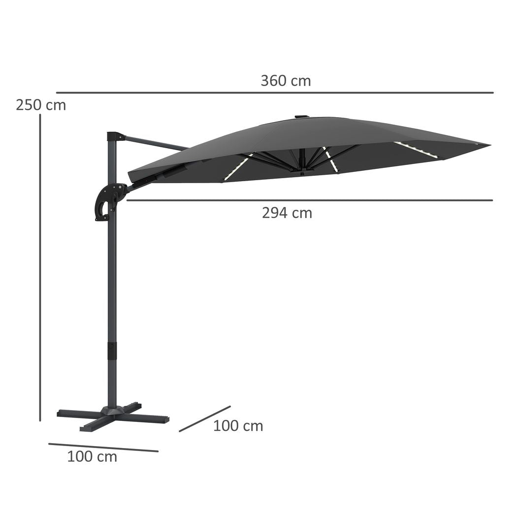 Outsunny 3(m) Garden Parasol w/ Lights, Crank Handle & Cross Base