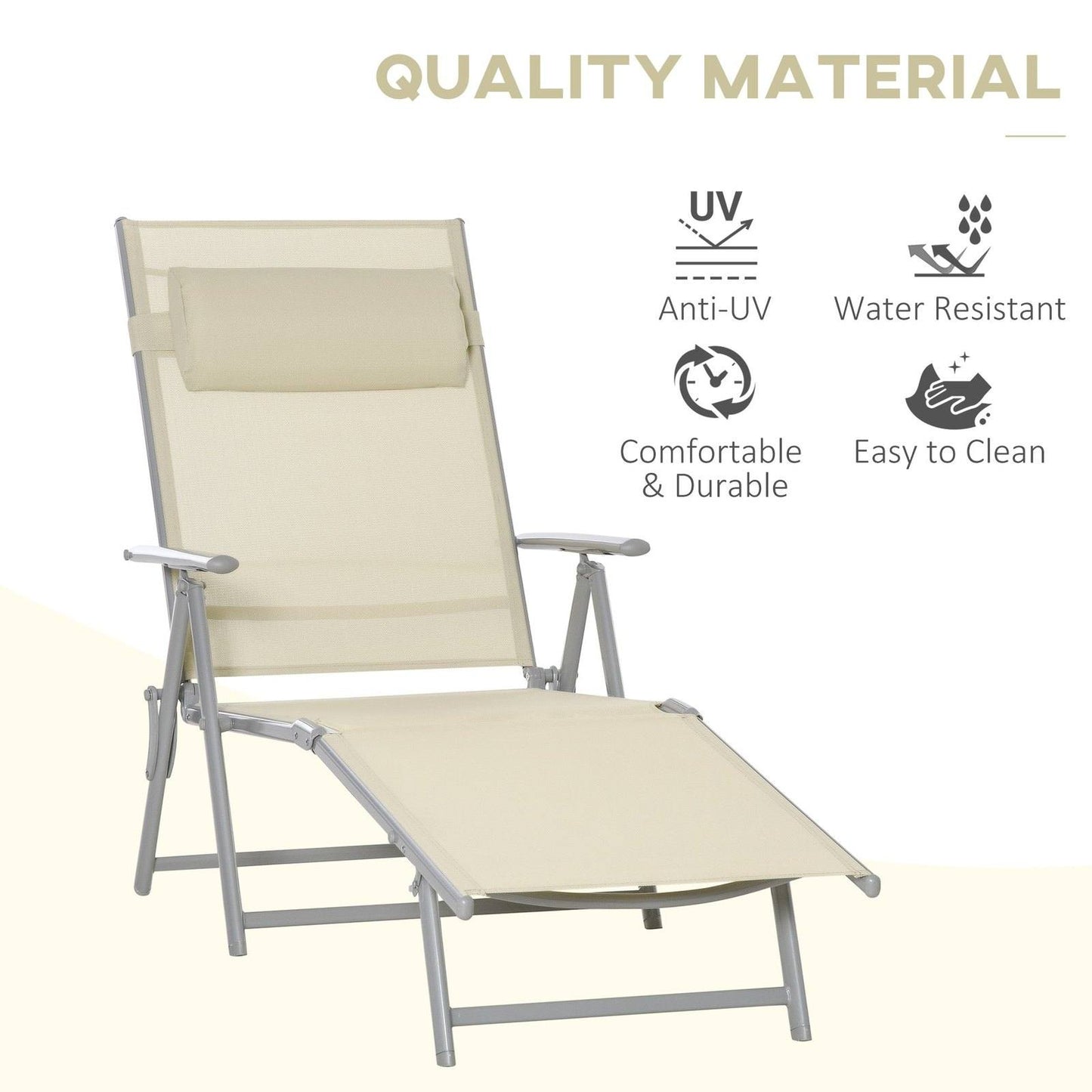 Steel Fabric Sun Lounger Outdoor Texteline Folding Chaise Lounge Chair Recliner with Portable Design & 7 Adjustable Backrest Positions - Beige