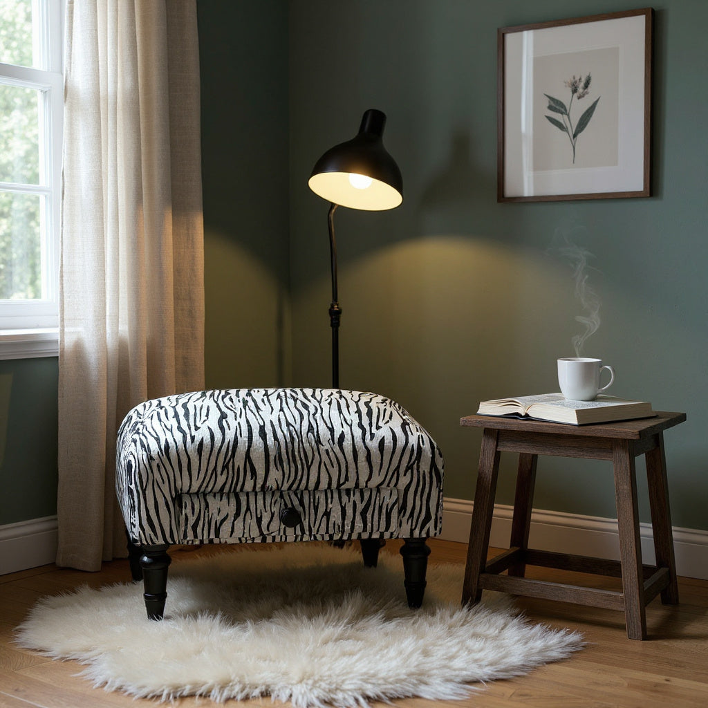 WHITE TIGER FABRIC FOOTSTOOL WITH DRAWER