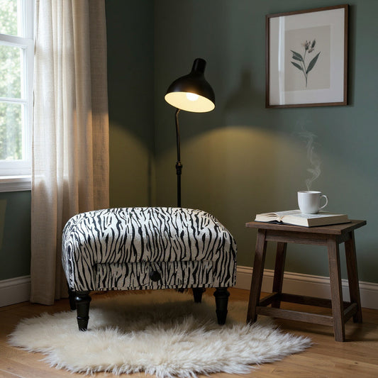 WHITE TIGER FABRIC FOOTSTOOL WITH DRAWER
