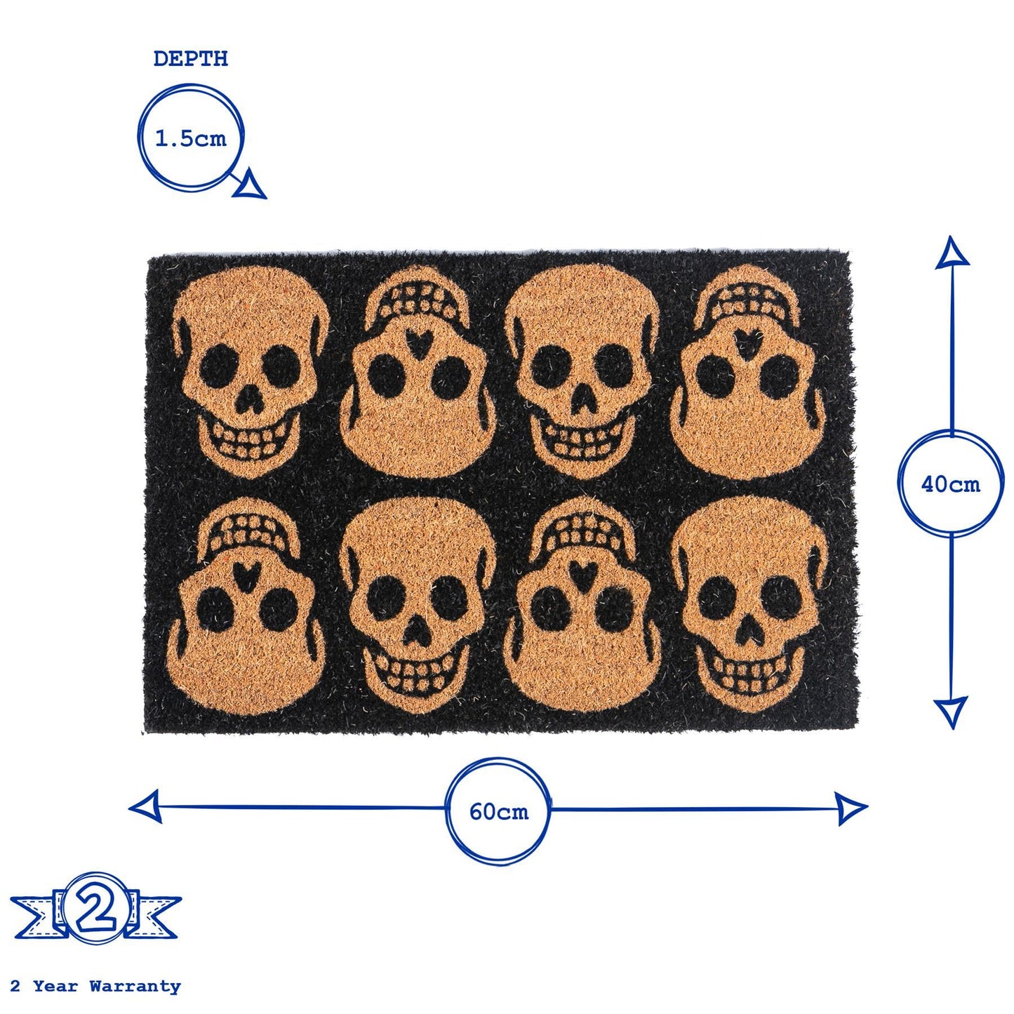 60cm x 40cm Black Skulls Coir Door Mat