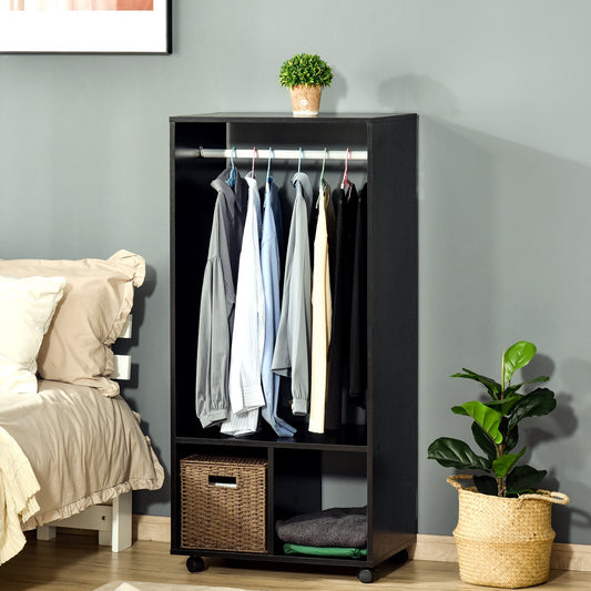 Rolling Open Wardrobe w/ Hanging Rod Storage Shelves Closet Organizer