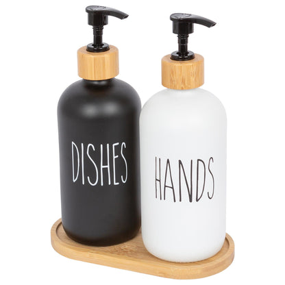 2pc 500ml Black & White Glass Hand & Dish Soap Dispenser Set with Bamboo Tray