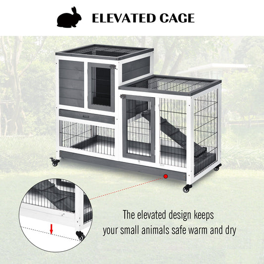 PawHut Small Animals 2-Tier Fir Wood Rabbit Hutch Indoor Grey
