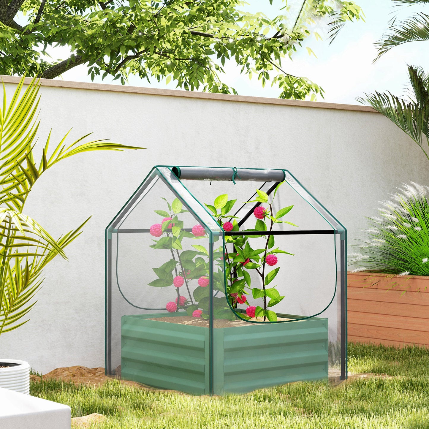 Outsunny Raised Garden Bed Planter Box with Greenhouse, Clear and Green
