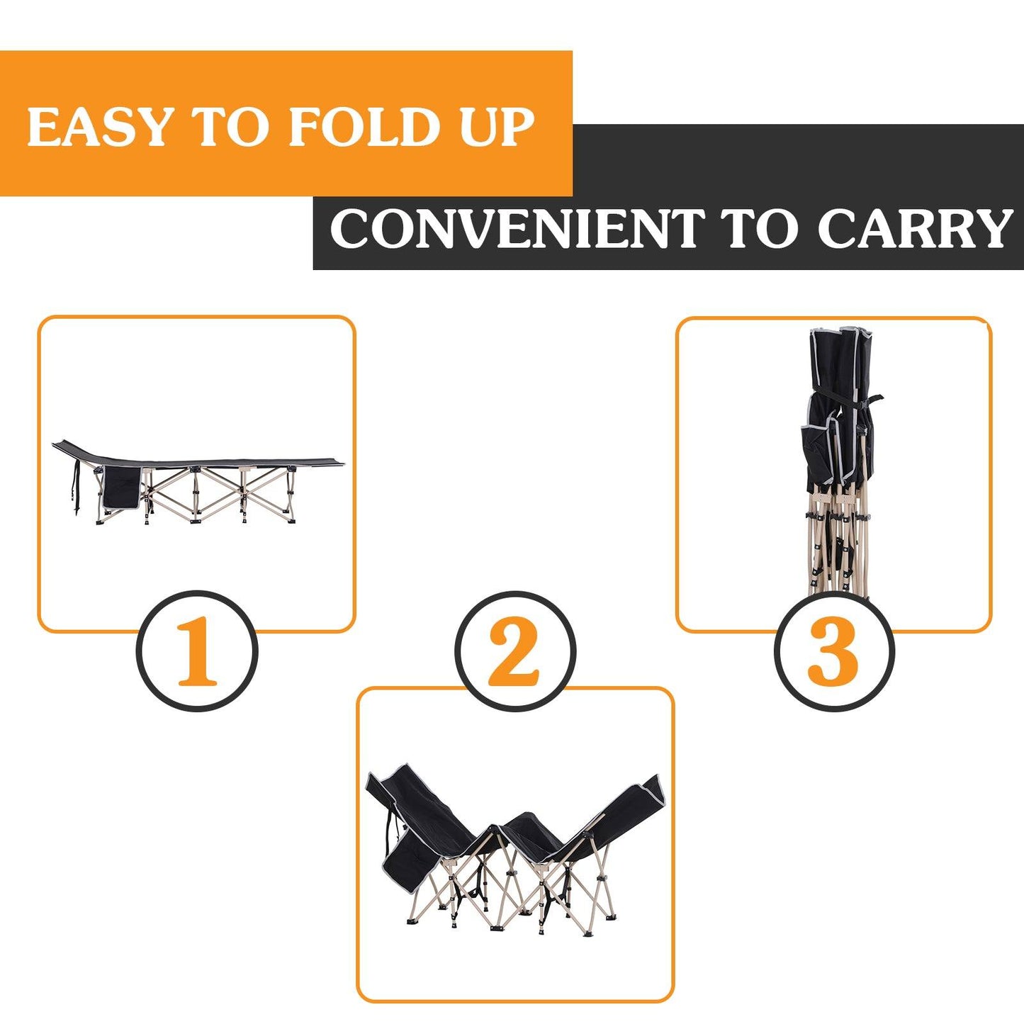 Single Person Camping Bed Folding Cot Outdoor Patio Portable Military Sleeping Bed Travel Guest Leisure Fishing With Side Pocket And Carry Bag - Black