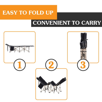 Single Person Camping Bed Folding Cot Outdoor Patio Portable Military Sleeping Bed Travel Guest Leisure Fishing With Side Pocket And Carry Bag - Black