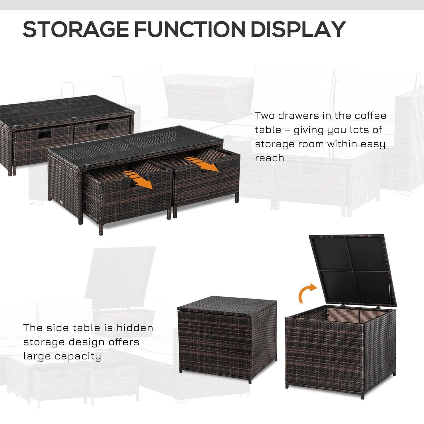 4-Piece Rattan Wicker Garden Furniture Patio Sofa Storage & Table Set w/ 2 Drawers Coffee Table