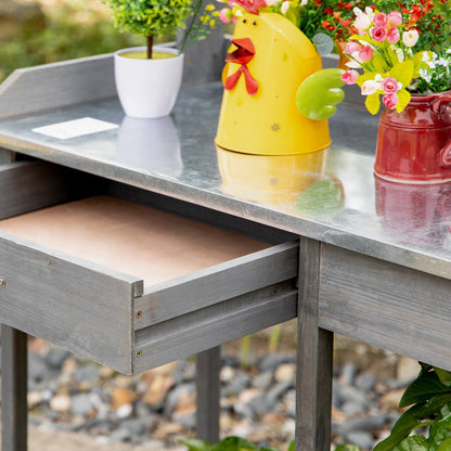 Garden Potting Table Wooden Workstation w/ Metal Tabletop