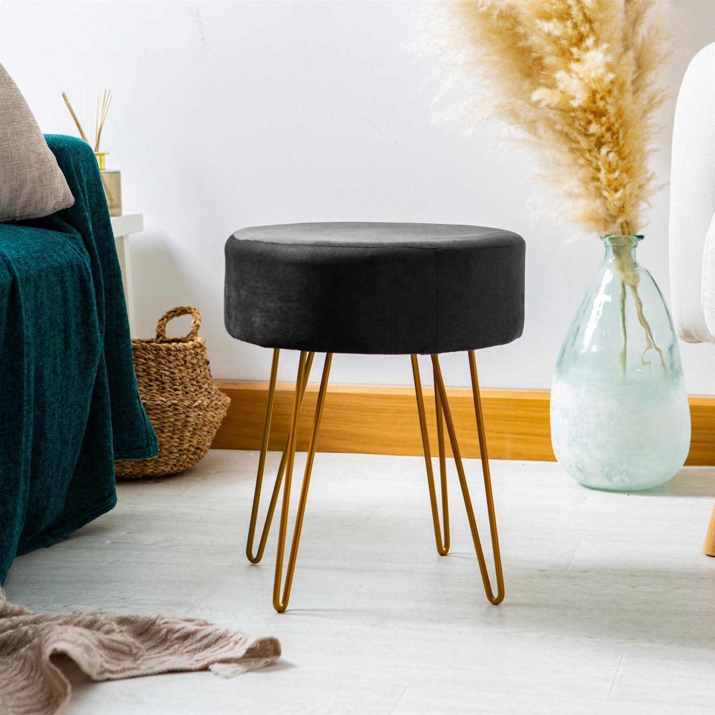 Black Round Velvet Footstool