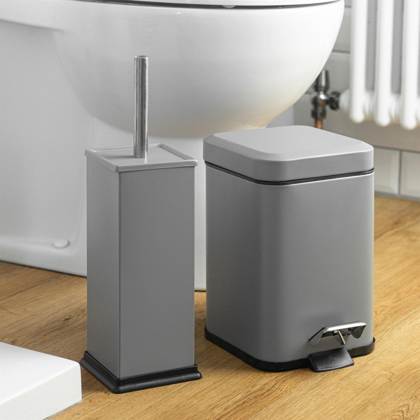 Matt Grey Square Toilet Brush & Bin Set