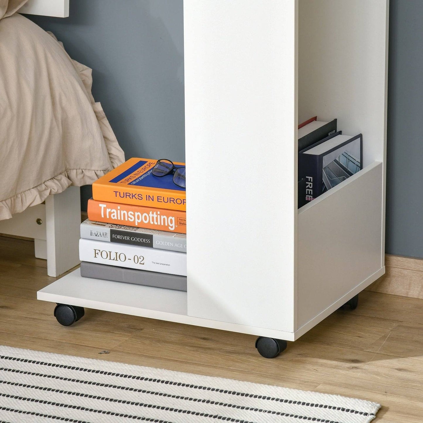 Mobile Sofa Side Table C-Shape End Table with Storage and Casters for Laptop Coffee Snack
