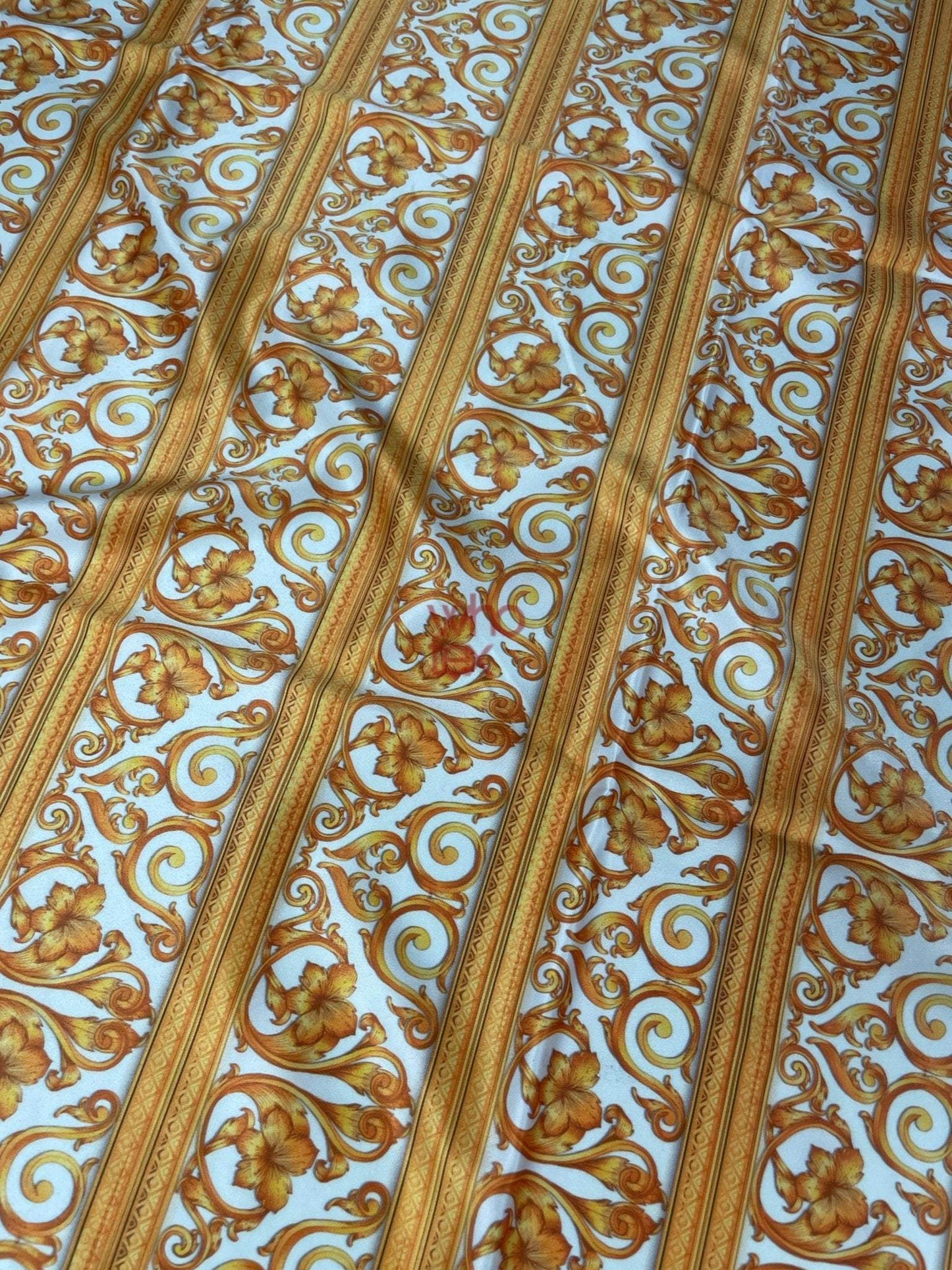 Elegant Gold Baroque Fabric with Floral and Scroll Patterns – Custom Printed Fabric, Choose Material by Metre