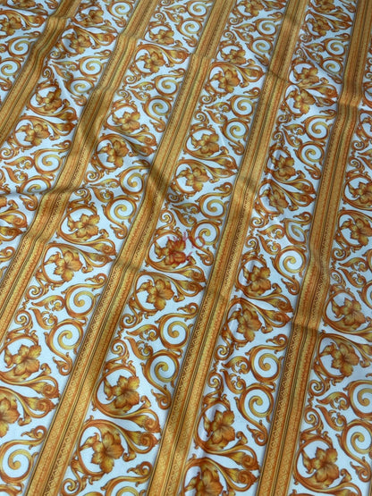 Elegant Gold Baroque Fabric with Floral and Scroll Patterns – Custom Printed Fabric, Choose Material by Metre
