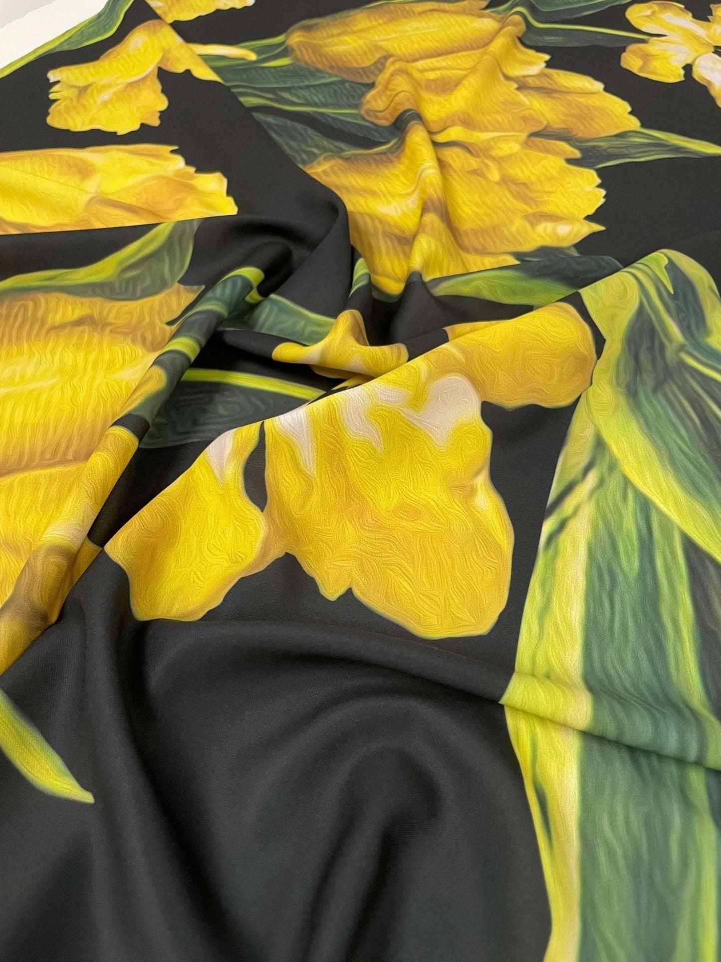 Elegant Yellow Tulip Floral Print Fabric on Black Background – Multiple Fabric Options, Sold by Metre