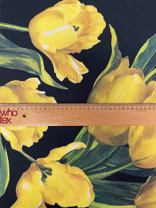 Elegant Yellow Tulip Floral Print Fabric on Black Background