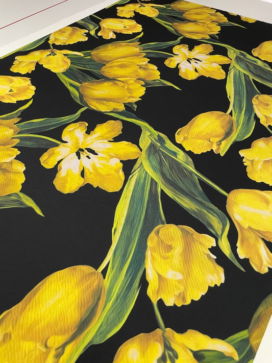 Elegant Yellow Tulip Floral Print Fabric on Black Background