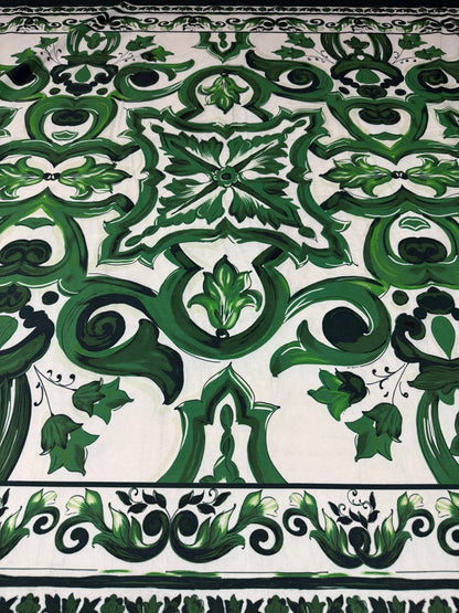 Emerald Majolica Tile Organic Cotton Poplin Fabric by the Metre