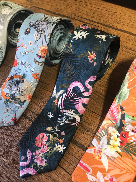 Navy Blue Silk Tie, 'Enticement' Pink Serpent design and tropical flowers
