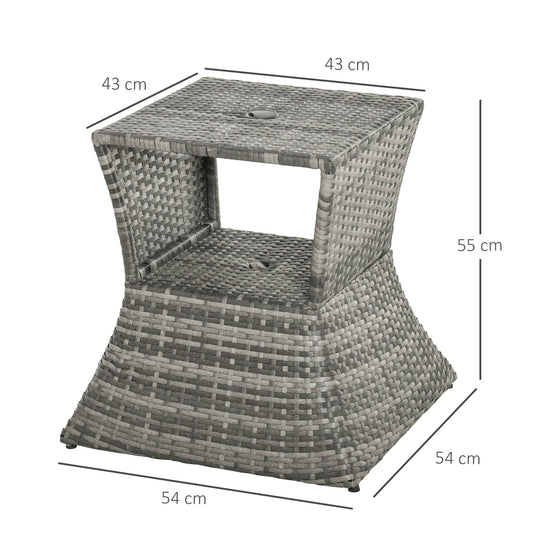 Outdoor Patio Rattan Wicker Coffee Table Bistro Side Table w/ Umbrella Hole and Storage Space