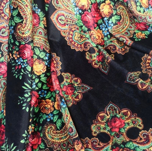 Ethnic Floral Pattern Black Fabric