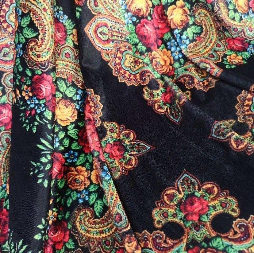 Ethnic Floral Pattern Black Velvet Fabric