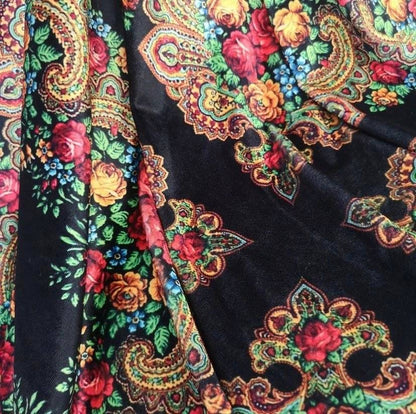 Ethnic Floral Pattern Black Velvet Fabric