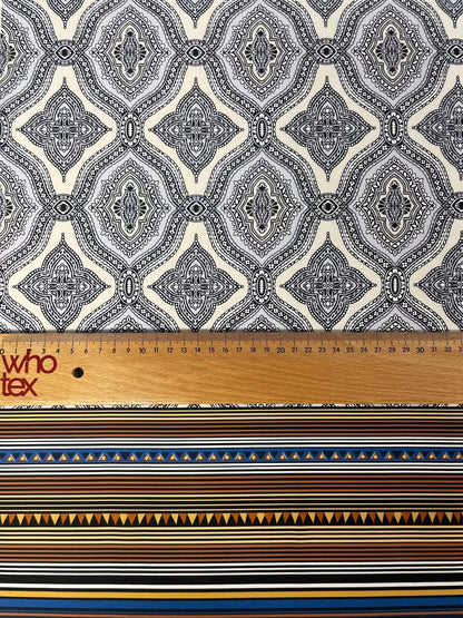 Black and White Mandala Pattern with Ethnic Geometric Striped Border Fabric – Fabric by Metre, Multiple Options for Sewing & Dressmaking
