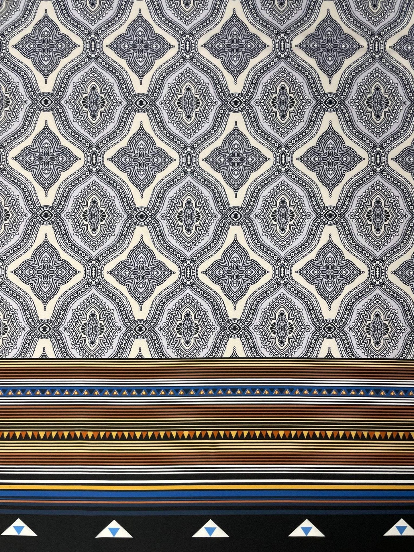 Black and White Mandala Pattern with Ethnic Geometric Striped Border Fabric – Fabric by Metre, Multiple Options for Sewing & Dressmaking