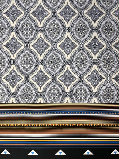 Black and White Mandala Pattern with Ethnic Geometric Striped Border Fabric – Fabric by Metre, Multiple Options for Sewing & Dressmaking