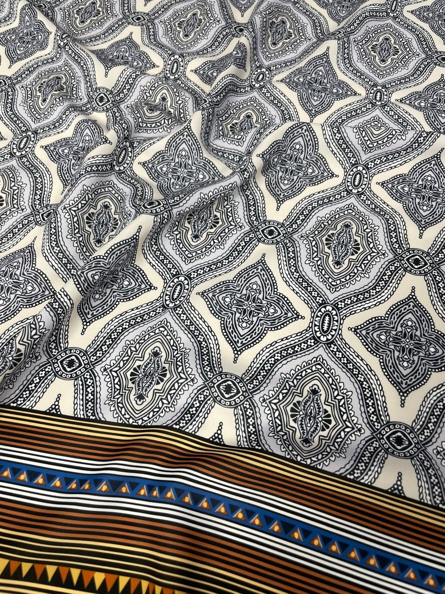 Black and White Mandala Pattern with Ethnic Geometric Striped Border