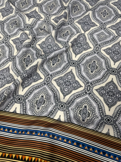 Black and White Mandala Pattern with Ethnic Geometric Striped Border