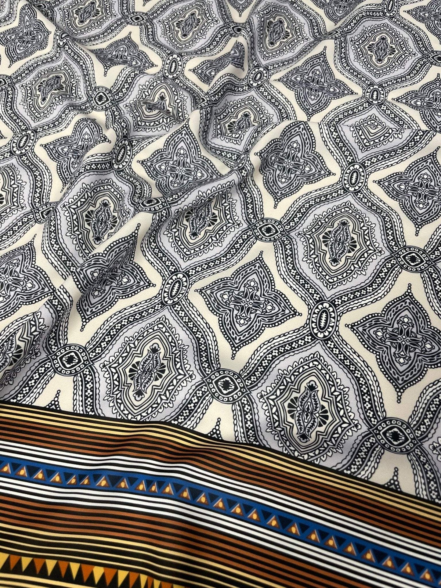 Black and White Mandala Pattern with Ethnic Geometric Striped Border Fabric – Fabric by Metre, Multiple Options for Sewing & Dressmaking