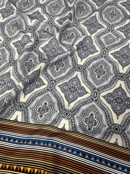 Black and White Mandala Pattern with Ethnic Geometric Striped Border Fabric – Fabric by Metre, Multiple Options for Sewing & Dressmaking