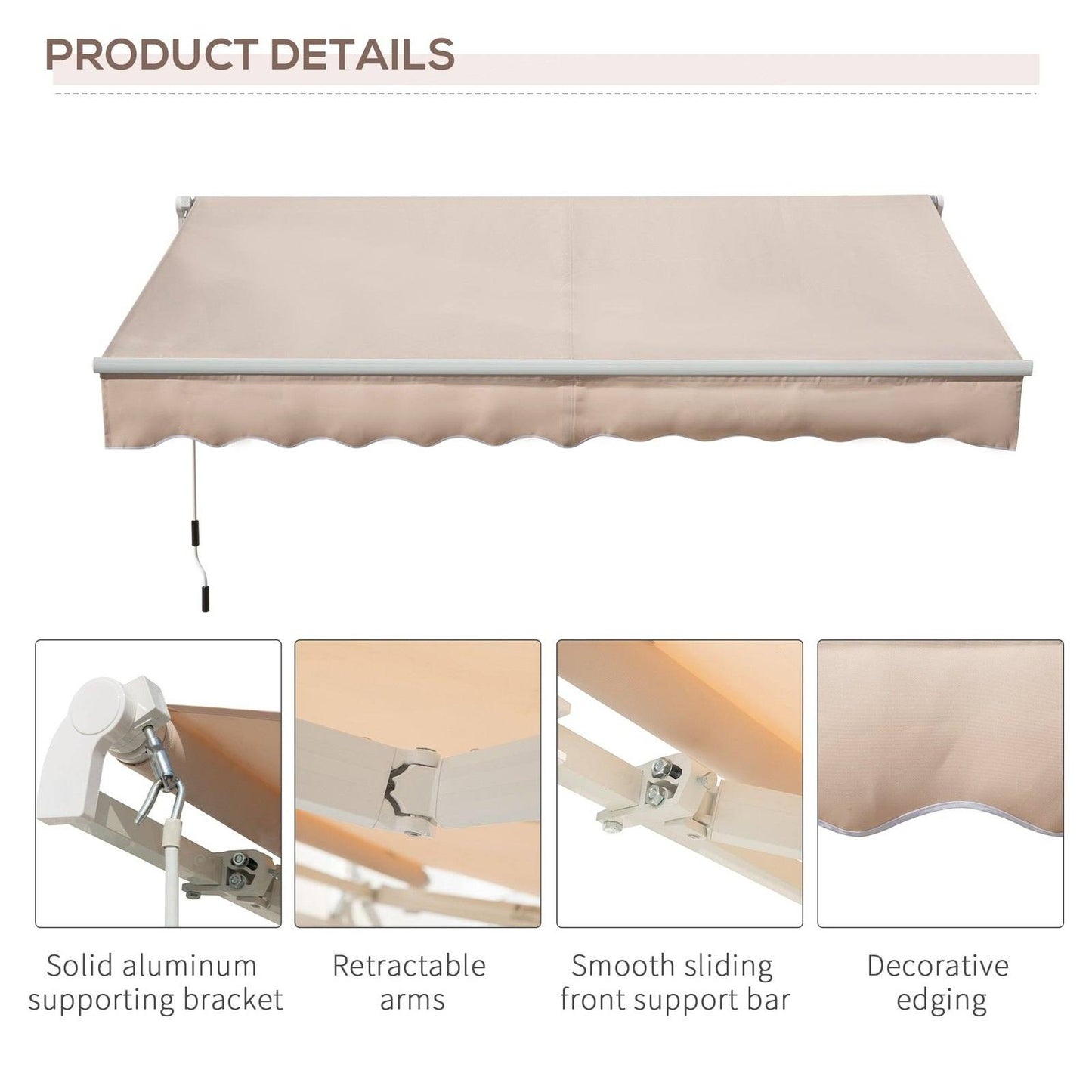 Awning Canopy Manual Retractable Porch Sun Shade Shelter 3 x 2m Beige