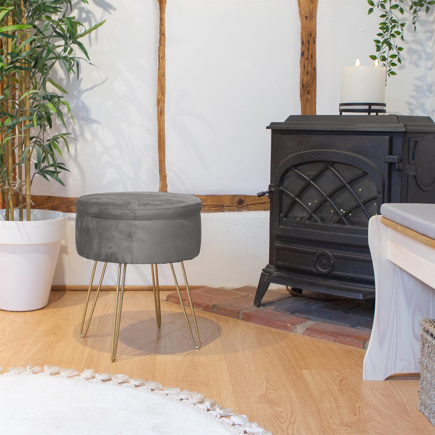 Grey Round Velvet Storage Footstool