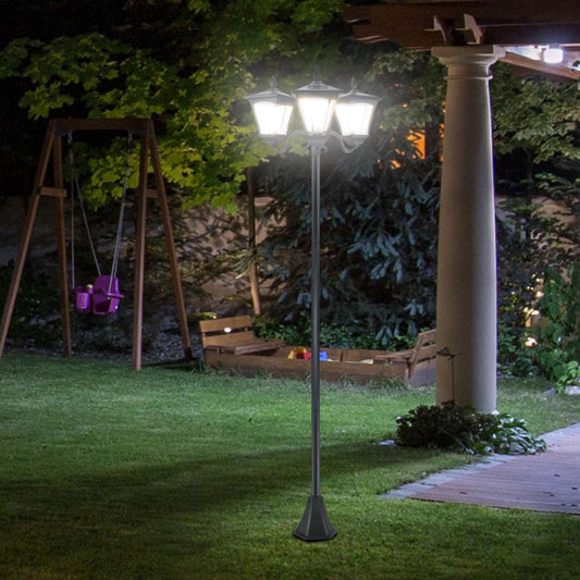 1.8m Traditional Victorian Style 3 Way Head Outdoor Garden Solar Post Lamp Sensor Dimmable LED Lantern Bollard Pathway IP44  Black