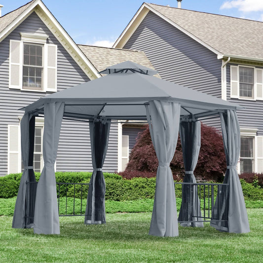 3 x 3M Hexagon Gazebo Patio Canopy Party Tent Outdoor Garden Shelter w/ 2 Tier Roof & Side Panel - Grey